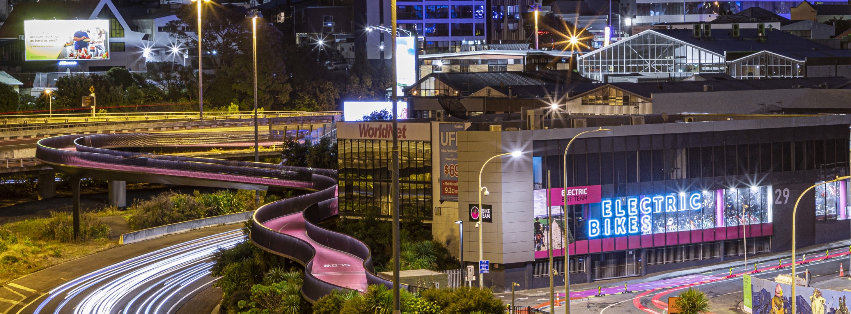 EBT shop building illuminated at night