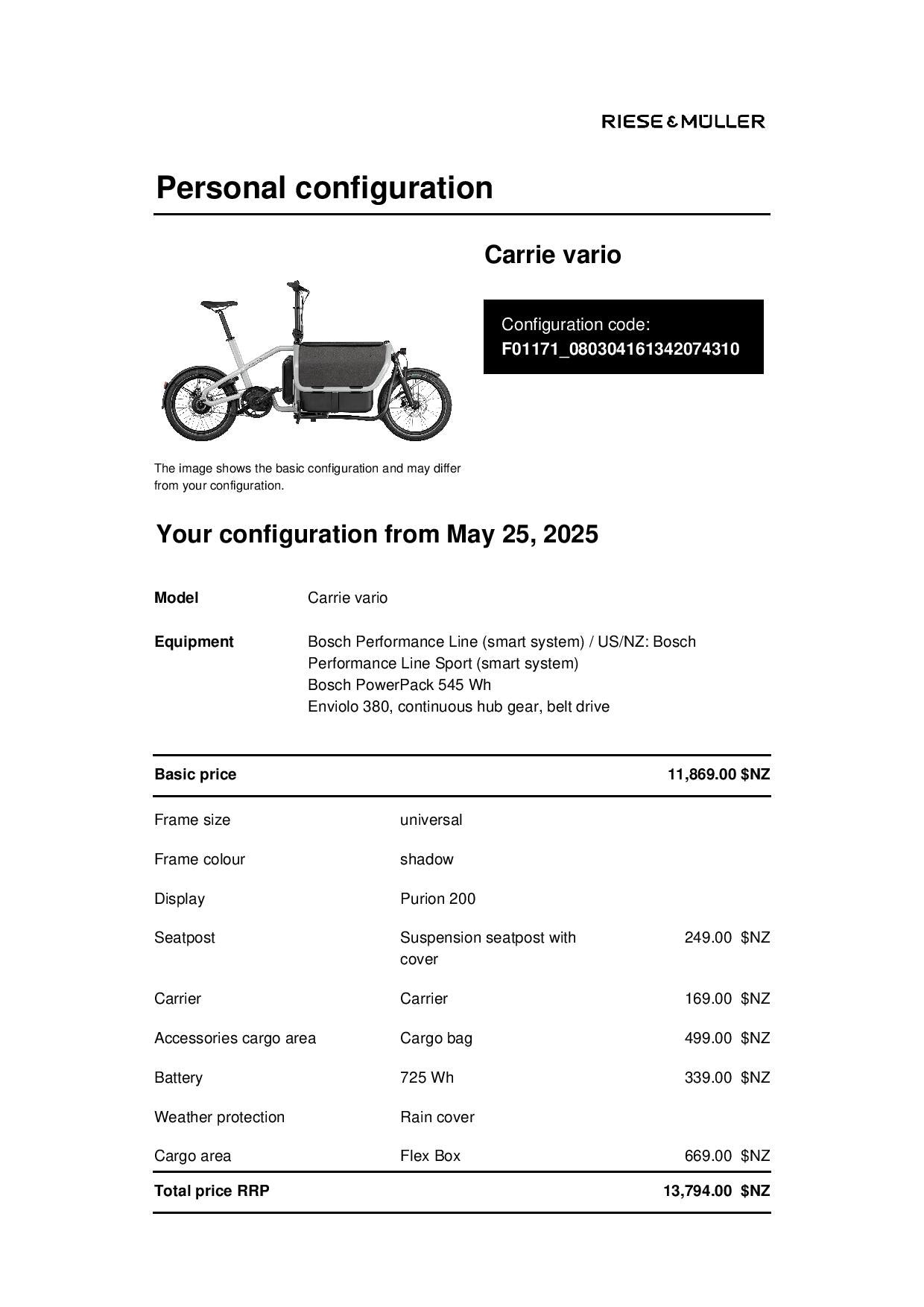 Riese and Muller Carrie Vario 725Wh - Shadow - Flex Box + Cargo Bag